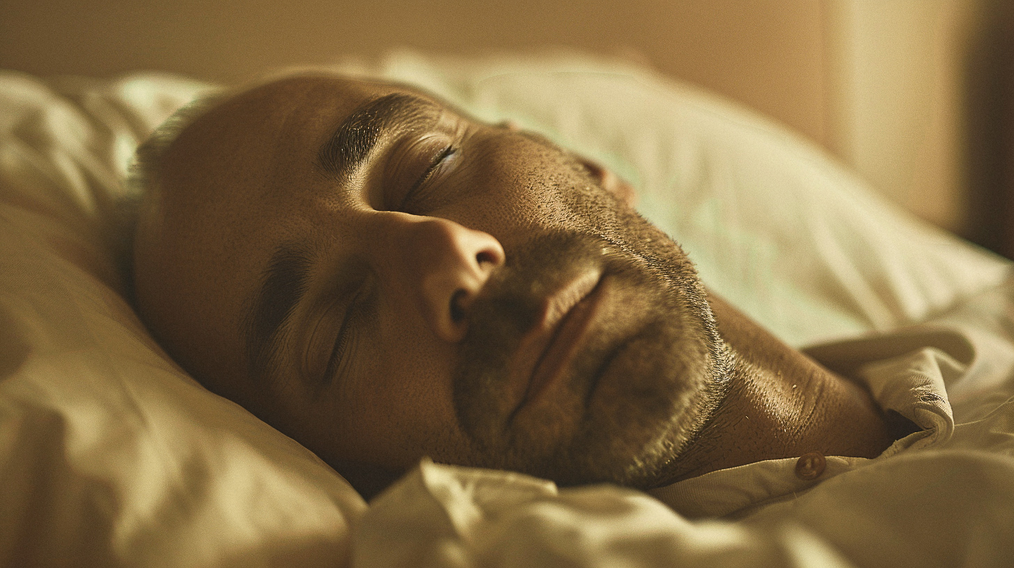 Mann schläft zufrieden im Bett