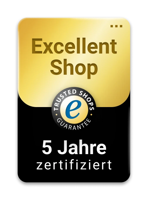 Zufriedene Kundinnen und Kunden seit über 5 Jahren: dafür haben wir den Excellent Shop Award von Trusted Shops erhalten! Zufriedene Kundinnen und Kunden seit über 5 Jahren: dafür haben wir den Excellent Shop Award von Trusted Shops erhalten!